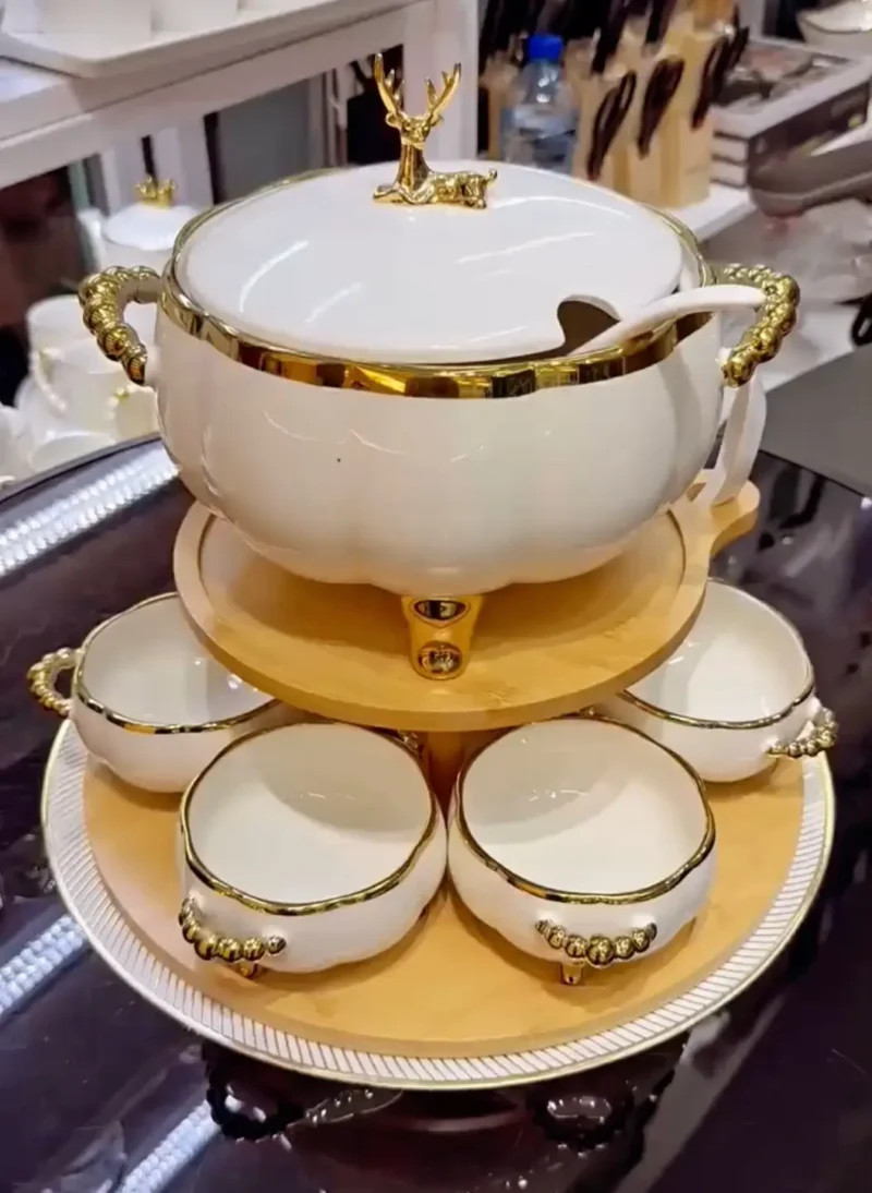 Luxury Ceramic Soup Bowl Set with Stand and Spoons - 15 Piece Serving Set (Black, Cream, Mocha, White)
