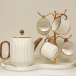 8-Piece Ceramic Tea Set with Gold Trim - Teapot, 6 Cups & Tray (Black or White)