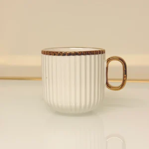 8-Piece Ribbed Ceramic Tea Set with Gold Trim - Teapot, 6 Cups & Tray