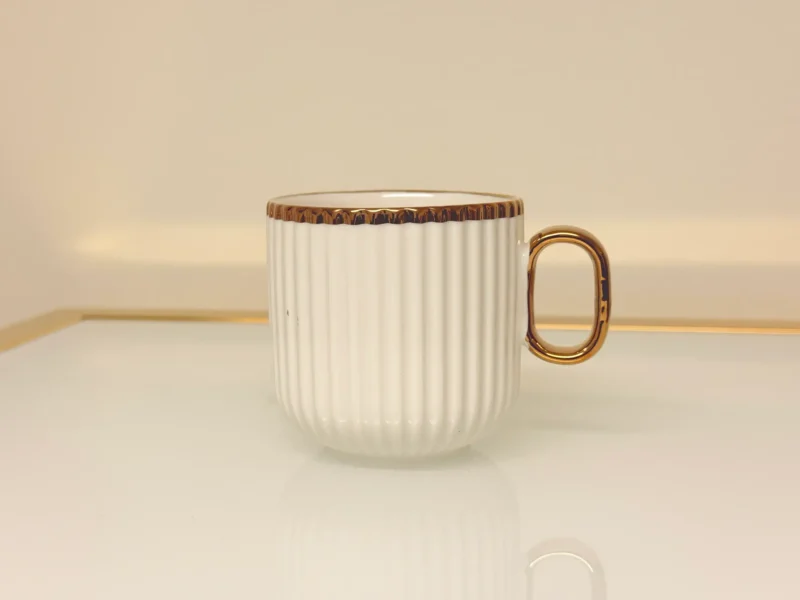 8-Piece Ribbed Ceramic Tea Set with Gold Trim - Teapot, 6 Cups & Tray