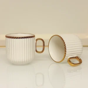 8-Piece Ribbed Ceramic Tea Set with Gold Trim - Teapot, 6 Cups & Tray