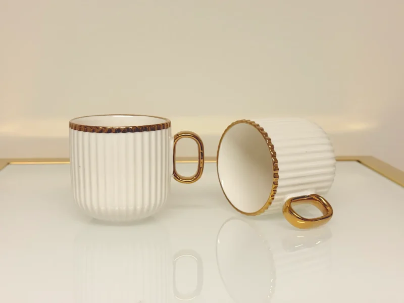8-Piece Ribbed Ceramic Tea Set with Gold Trim - Teapot, 6 Cups & Tray