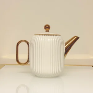 8-Piece Ribbed Ceramic Tea Set with Gold Trim - Teapot, 6 Cups & Tray