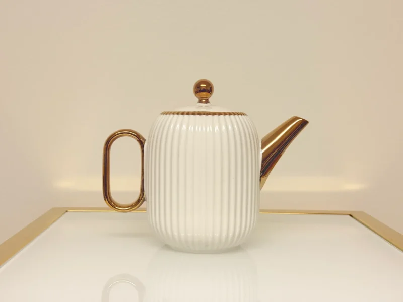 8-Piece Ribbed Ceramic Tea Set with Gold Trim - Teapot, 6 Cups & Tray