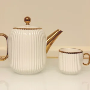 8-Piece Ribbed Ceramic Tea Set with Gold Trim - Teapot, 6 Cups & Tray