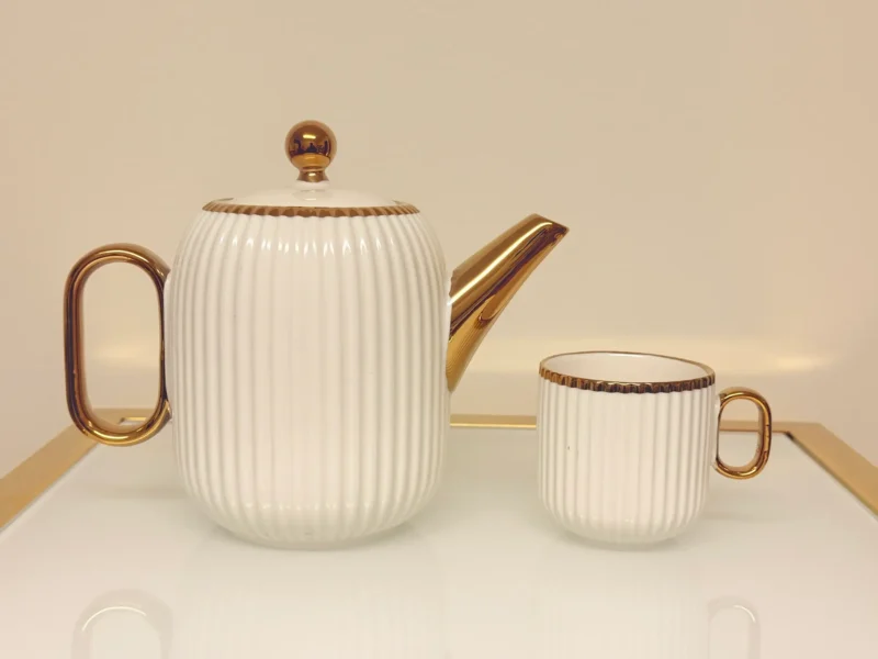 8-Piece Ribbed Ceramic Tea Set with Gold Trim - Teapot, 6 Cups & Tray