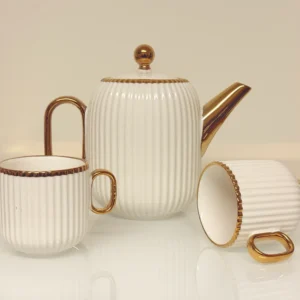 8-Piece Ribbed Ceramic Tea Set with Gold Trim - Teapot, 6 Cups & Tray