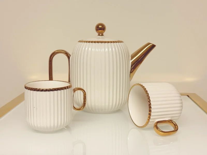 8-Piece Ribbed Ceramic Tea Set with Gold Trim - Teapot, 6 Cups & Tray