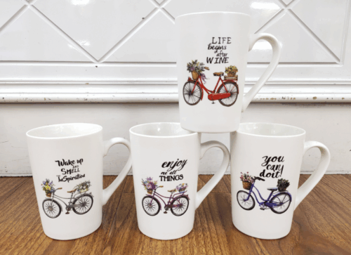 Ceramic Bicycle Quote Tea & Coffee Mug Set – 4 Unique Designs