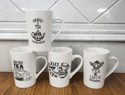 Ceramic Teapot Quote Tea and Coffee Mug Set - White Speckled Design