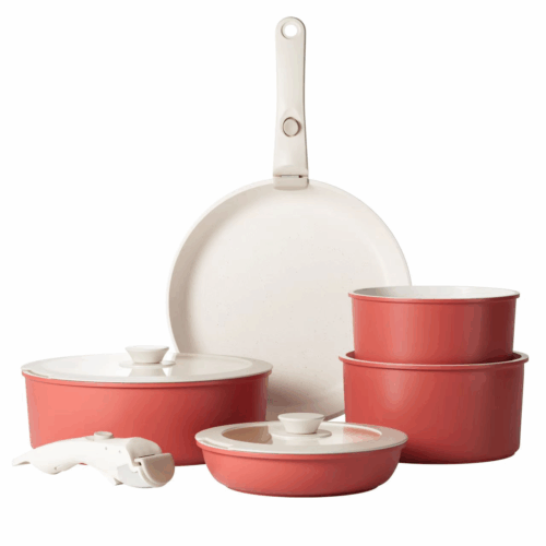 Red Detachable Handle Cookware Set with Pots, Pans & Lids
