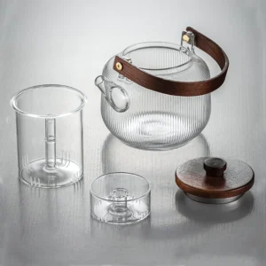 Japanese-Style Borosilicate Glass Teapot Set with Wood Handle – Heat-Resistant with Filter and Cups