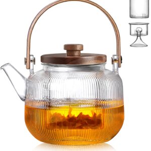 Japanese-Style Borosilicate Glass Teapot Set with Wood Handle – Heat-Resistant with Filter and Cups