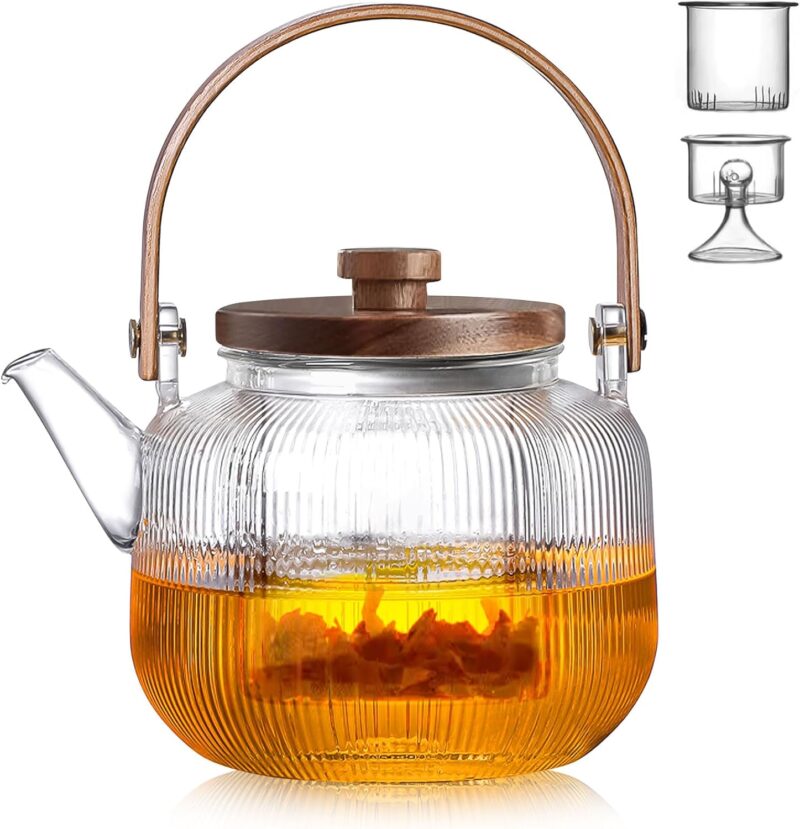 Japanese-Style Borosilicate Glass Teapot Set with Wood Handle – Heat-Resistant with Filter and Cups