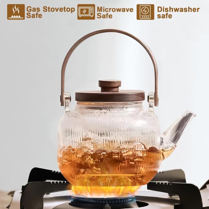 Japanese-Style Borosilicate Glass Teapot Set with Wood Handle – Heat-Resistant with Filter and Cups