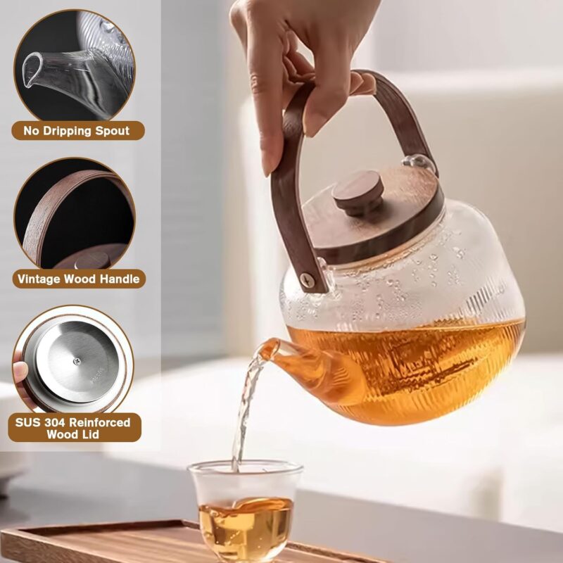 Japanese-Style Borosilicate Glass Teapot Set with Wood Handle – Heat-Resistant with Filter and Cups