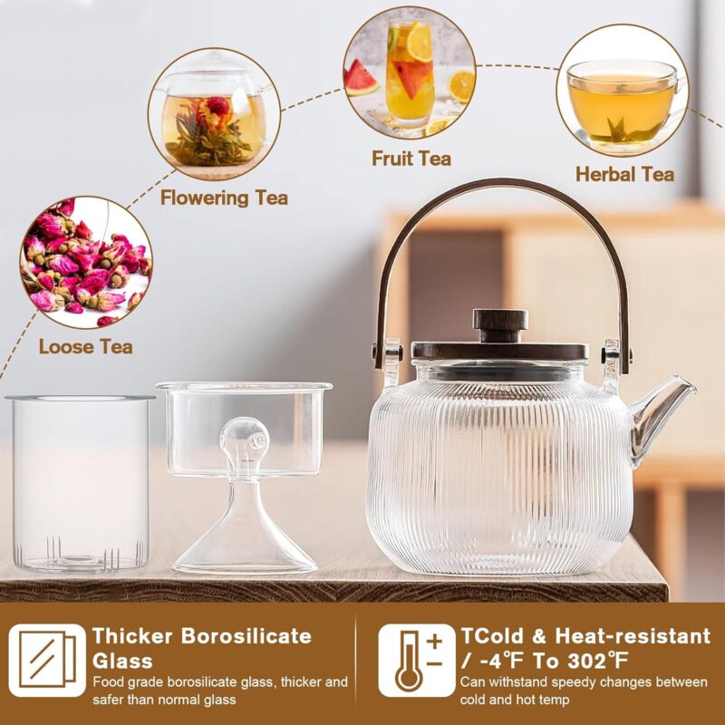 Japanese-Style Borosilicate Glass Teapot Set with Wood Handle – Heat-Resistant with Filter and Cups