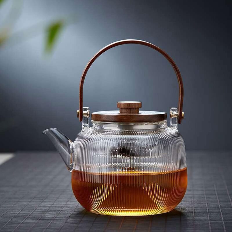 Japanese-Style Borosilicate Glass Teapot Set with Wood Handle – Heat-Resistant with Filter and Cups