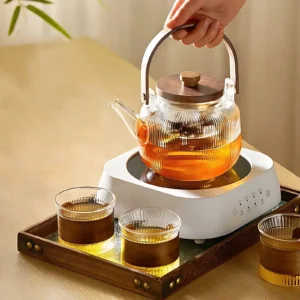 Japanese-Style Borosilicate Glass Teapot Set with Wood Handle – Heat-Resistant with Filter and Cups