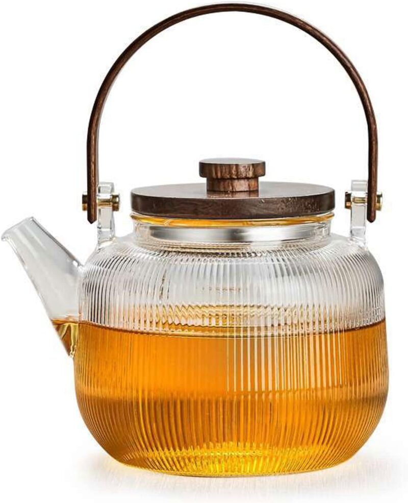 Japanese-Style Borosilicate Glass Teapot Set with Wood Handle – Heat-Resistant with Filter and Cups