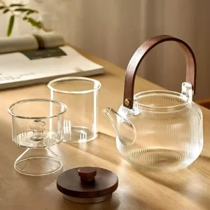 Japanese-Style Borosilicate Glass Teapot Set with Wood Handle – Heat-Resistant with Filter and Cups