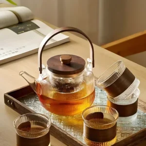 Japanese-Style Borosilicate Glass Teapot Set with Wood Handle – Heat-Resistant with Filter and Cups