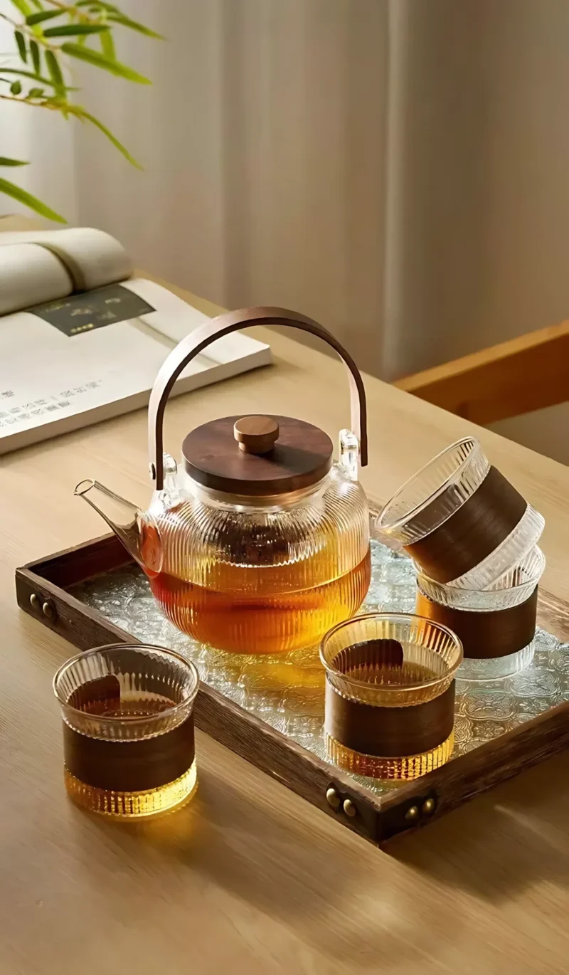 Japanese-Style Borosilicate Glass Teapot Set with Wood Handle – Heat-Resistant with Filter and Cups