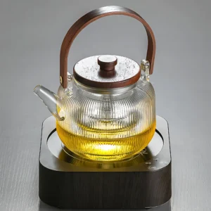 Japanese-Style Borosilicate Glass Teapot Set with Wood Handle – Heat-Resistant with Filter and Cups