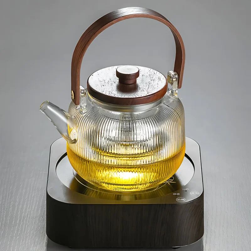 Japanese-Style Borosilicate Glass Teapot Set with Wood Handle – Heat-Resistant with Filter and Cups