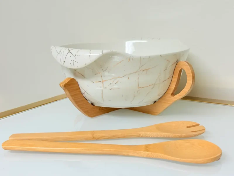 Ceramic Salad Bowl Set with Bamboo Stand - Deep Oval Design