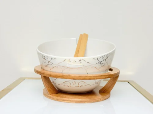 ceramic salad bowl with bamboo stand and servers