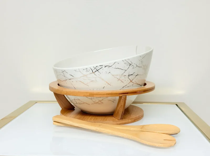 Ceramic Salad Bowl with Bamboo Stand and Servers - Modern Gold Marble Serving Set