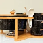 Ceramic Soup Bowl Set with Warmer, Stand & Spoons - 15 Piece Marble Design Serving Set (White & Black)
