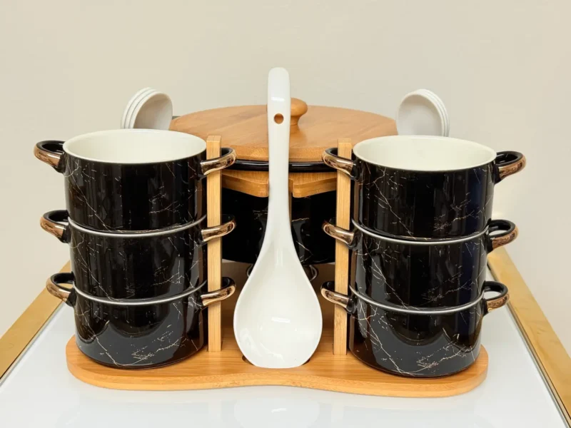 Ceramic Soup Bowl Set with Warmer, Stand & Spoons - 15 Piece Marble Design Serving Set (White & Black)
