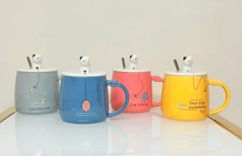 cute ceramic cat mug with lid and spoon