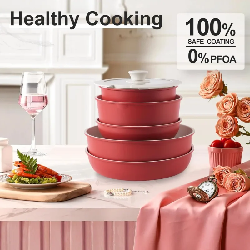 Red Detachable Handle Cookware Set with Pots, Pans & Lids