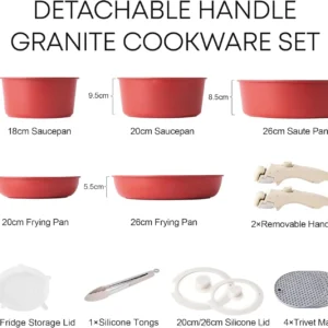 Red Detachable Handle Cookware Set with Pots, Pans & Lids