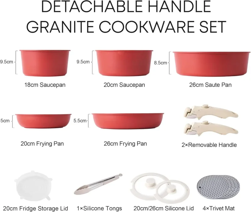 Red Detachable Handle Cookware Set with Pots, Pans & Lids