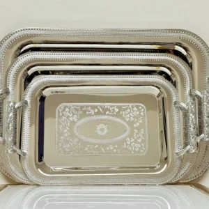 3-Piece Engraved Silver Serving Tray Set with Ornate Handles - Rectangular Display Trays for Parties & Events