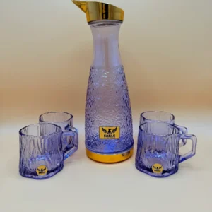 Crystal Glass Pitcher Set with 4 Matching Glasses - Textured Design & Gold Lid