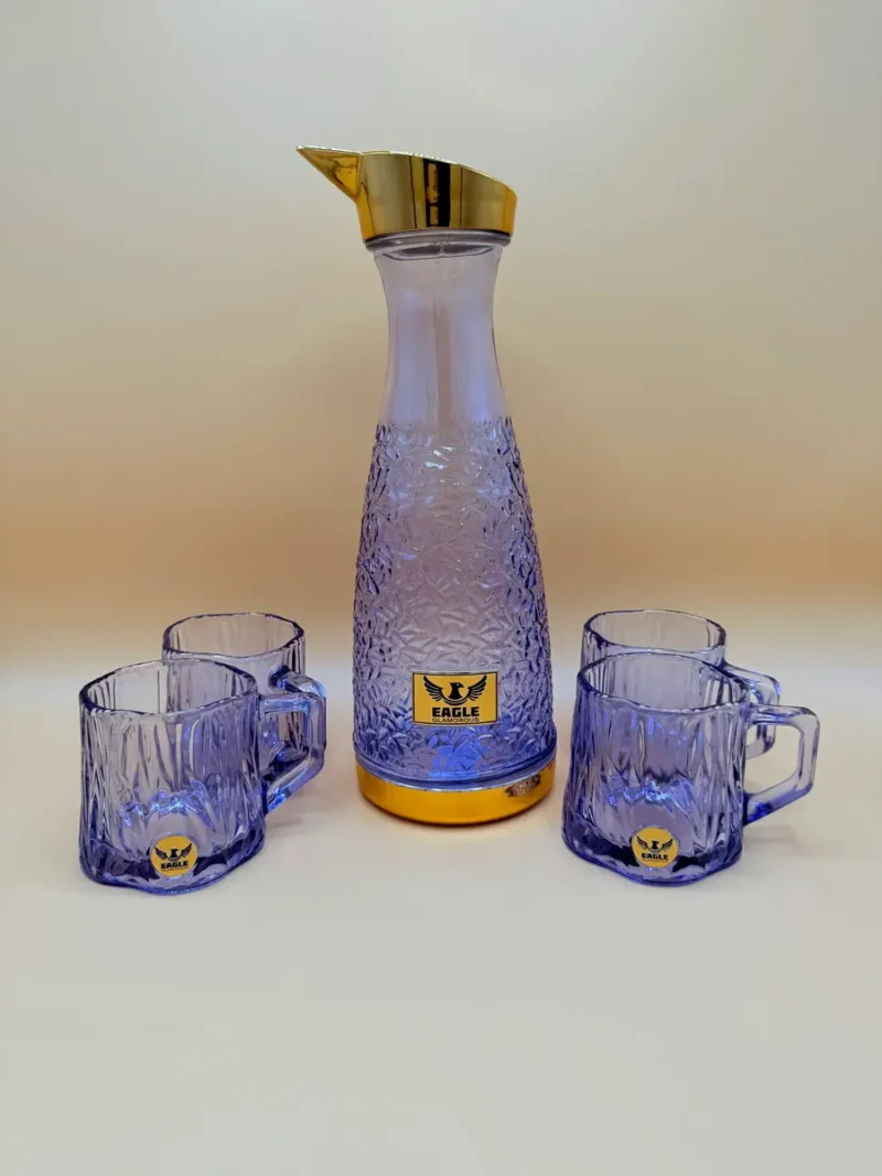 Crystal Glass Pitcher Set with 4 Matching Glasses - Textured Design & Gold Lid