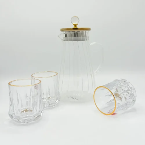 Glass Pitcher Jug Set with Lid, 4 Water Glasses, and Serving Tray