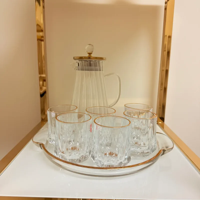 Glass Pitcher Jug Set with Lid, 4 Water Glasses, and Serving Tray