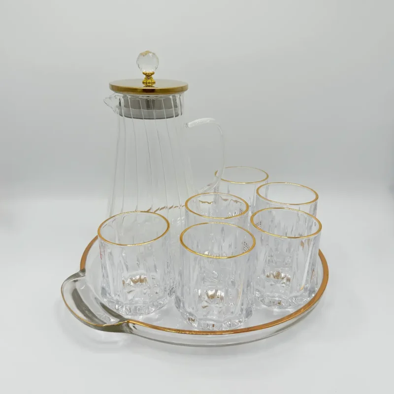 Glass Pitcher Jug Set with Lid, 4 Water Glasses, and Serving Tray