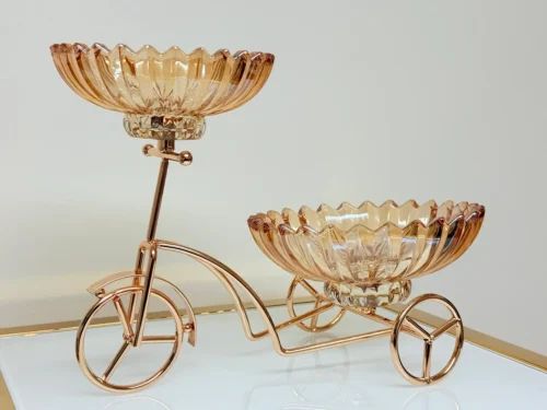 Gold Bicycle Glass Bowl Stand - 2-Piece Decorative Serveware for Snacks or Sweets
