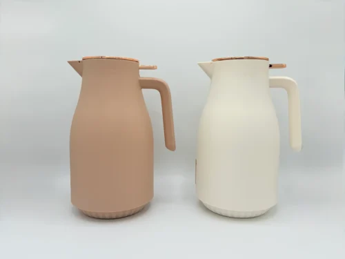 Insulated Thermal Carafe - 68 oz (2L) with Easy-Press Lid and Ergonomic Handle (Cream, Brown)