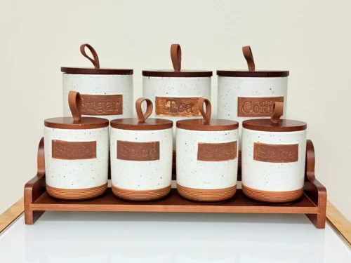 rustic ceramic kitchen canister set with wooden lids and tray