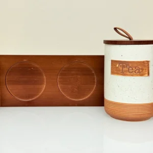 Rustic Ceramic Tea Sugar Coffee Canister Set with Wooden Stand - 3 Pieces