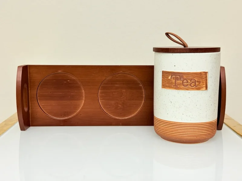 Rustic Ceramic Tea Sugar Coffee Canister Set with Wooden Stand - 3 Pieces