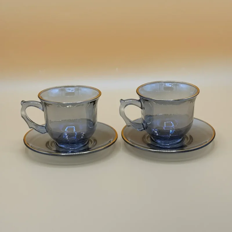 Set of 12 Transparent Faded Black Glass Tea Cups and Saucers
